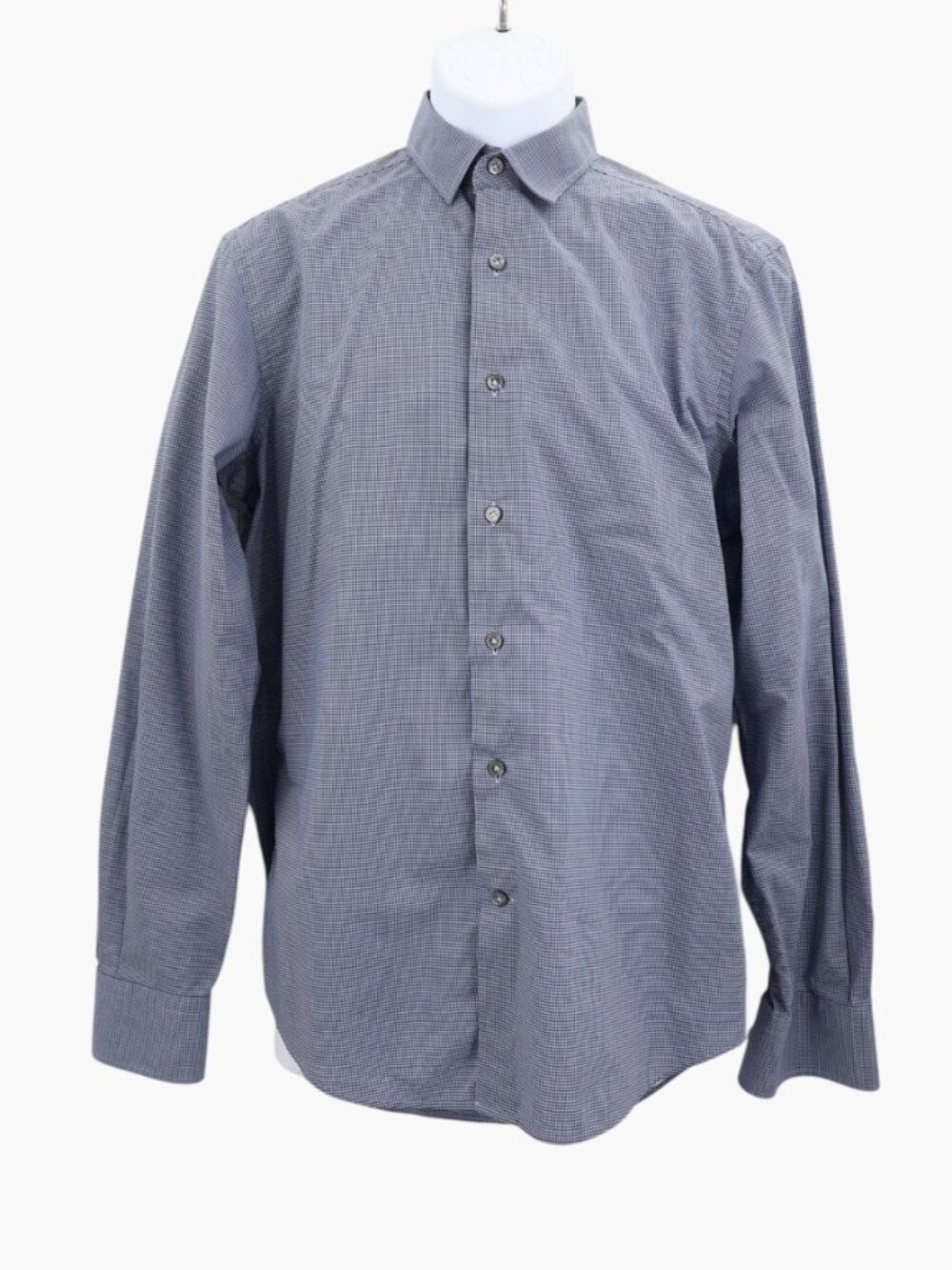 Lanvin Mens Dress Shirt 39 15.5 Blue Micro Houndstooth Check Cotton Long Sleeve